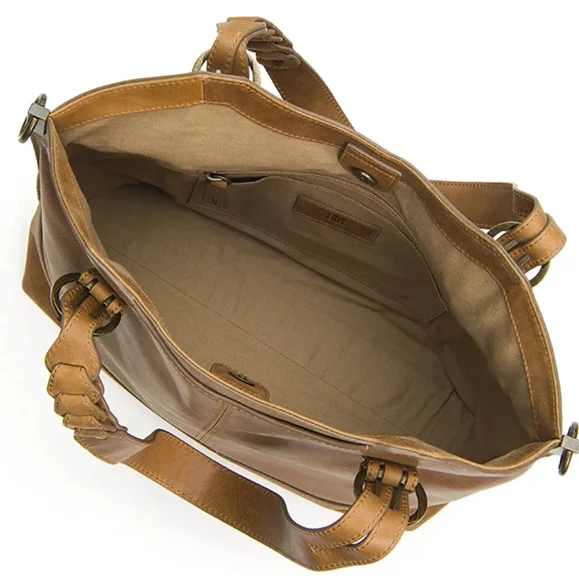 Frye Maddie Shopper Genuine Leather Handbag Tan Caramel Brass Braided Western - Picture 3 of 12